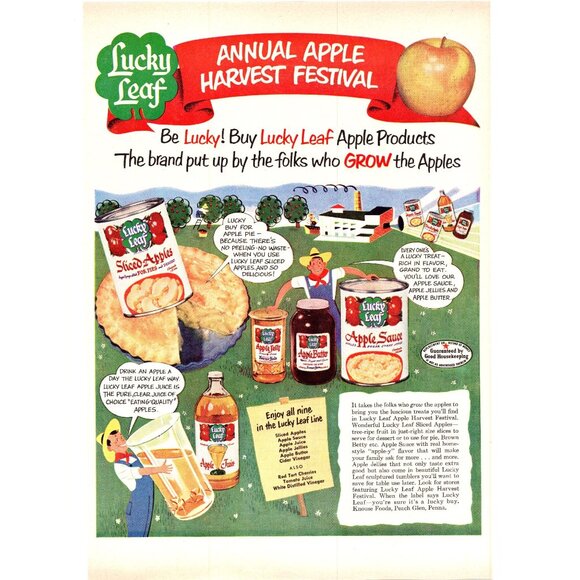 1951 Lucky Leaf Sliced Apples Apple Sauce Vintage Print Ad Harvest 50s Wall Art - Picture 1 of 2